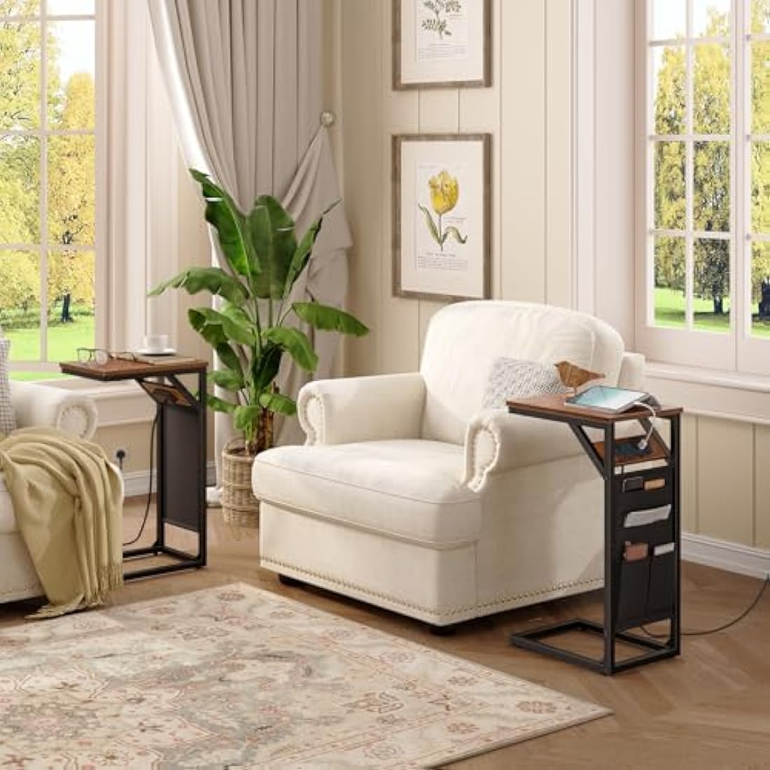 HOOBRO C Shaped Side Table with Charging Station, Sofa Side Table with Storage Bag, Narrow Bedside Table with Power, Laptop Table for Sofa, Small Spaces, Living Room, Rustic Brown and Black EBF28KSF01
