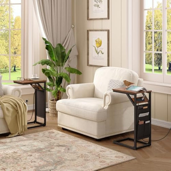 HOOBRO C Shaped Side Table with Charging Station, Sofa Side Table with Storage Bag, Narrow Bedside Table with Power, Laptop Table for Sofa, Small Spaces, Living Room, Rustic Brown and Black EBF28KSF01