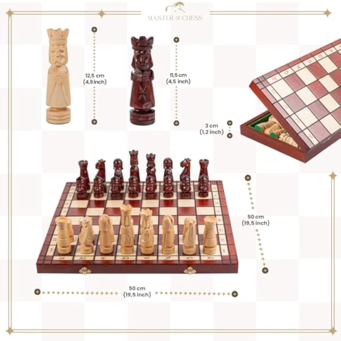 Master of Chess Wooden Chess Set with Pieces “CASTLE DELUXE” 50 cm / 20 in - Handmade, Inlaid and Large Foldable Chess Board Game for Adults and Kids