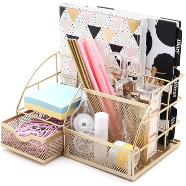 EXERZ Desk Organiser/Mesh Desk Tidy Caddy/Pencil Holder Multifunctional with 7 Compartments - Gold