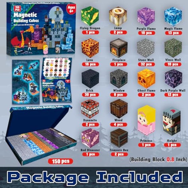 GraceDuck Magnetic Blocks - 150 PCS Build Magnetic Dark Castle Sword Domain World - Construction Cube Toys - STEM Montessori Sensory Toys for Toddlers Ages 3+ for Boy & Girl