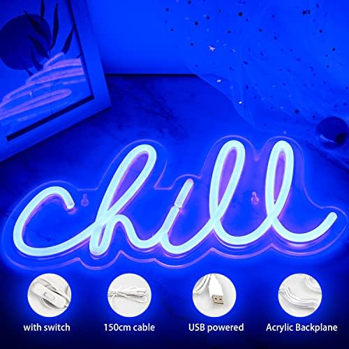 ineonlife Chill Neon Sign Blue Led Sign Chill Neon Wall Light 14'' x 7'' Letter Led Signs for Wall Decor Led Lights for Bedroom Bar Hotel Game Room