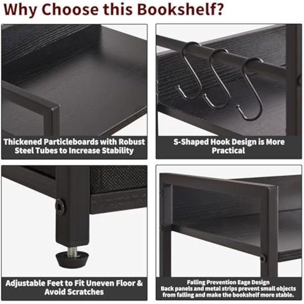 Aibiju Ladder Shelf，5 Tier Bookshelf with Fabric Cloth Drawer, Industrial Ladder Shelf,Steel Frame, Tall Narrow Bookcase with Shelves for Bedroom, Living Room, Black YD-BC001B