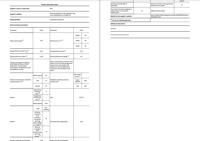 AEG 5000 Series Freestanding Washing Machine LFX50942B, Front Loading Full Size, 9kg, 1400 rpm, AntiAllergy Program, Quick Wash, TimeSave to Adjust Washing Cycles, Class A, White