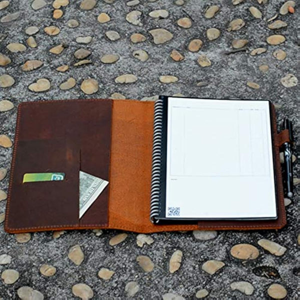 JJNUSA Compatible with Rocketbook Cover Smart Business Handmade Distressed Genuine Leather Notebook Cover for Everlast, Fusion, Wave Moleskin A4 with Pen Loop & Card Holder Letter 11" x 8.5" Brown