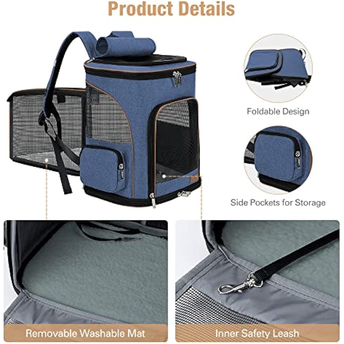 Lekesky Expandable Cat Carrier Backpack - Portable Breathable Rucksack for Medium and Small Cats & Dogs, Foldable with Inner Escape-proof Leash and Pet Mat, Supports 25 lbs (Blue)