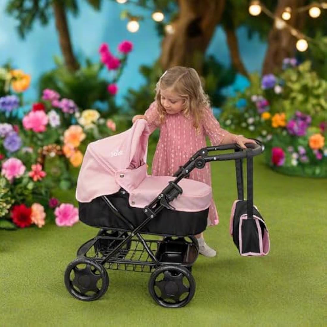 Joie Junior Classic Pram & Parasol Age 3+ | Toy Travel System with Changing Bag, Adjustable Hood & Storage | Pushchair & Pram Playset for Kids | My Girl Doll Accessories