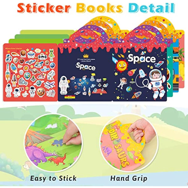 GUYUCOM 4 Pack Reusable Sticker Books, Toys for Age 3 4+ Year Old Kids Boys Girls Toddlers, 3D Clear Animal Space Vehicles Dinosaur Sticker Book Educational Learning Toy Birthday Gifts