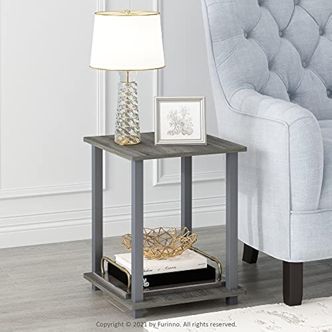 Furinno Simplistic 2-Pack End Table, Side Table, French Oak Grey/Grey, 39.6 x 39.6 cm (2-Pack)
