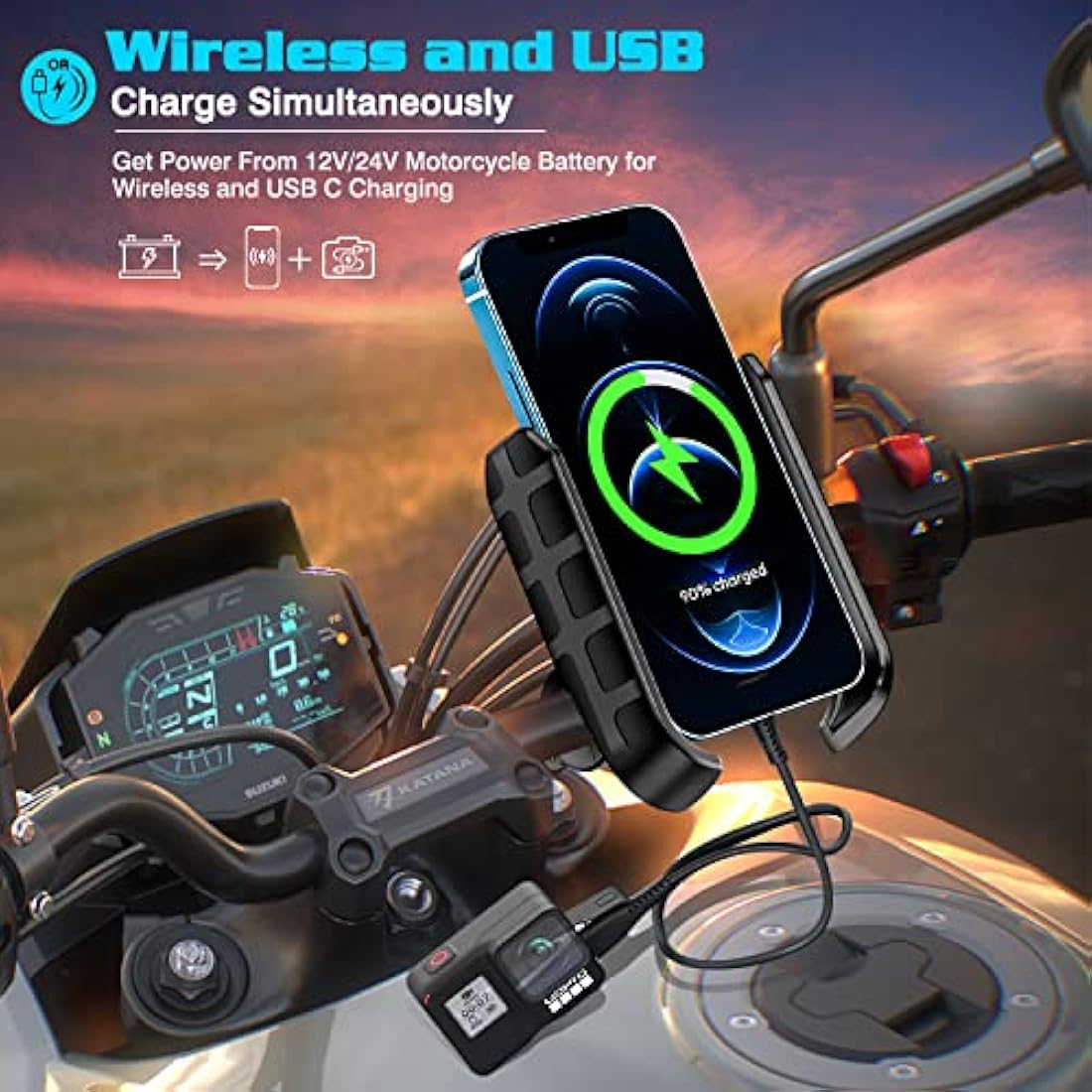 iMESTOU Motorcycle Wireless Phone Mount Charger QC3.0 USB C Handlebar/Rear-View Mirror Phone Holder Works with 12V/24V Motorcycles or by Plugging to USB A Socket Universal for 4.0-7.0" Cellphones