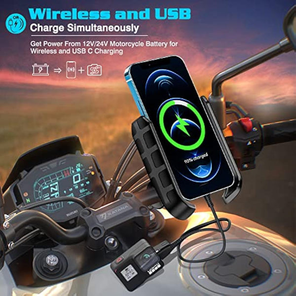 iMESTOU Motorcycle Wireless Phone Mount Charger QC3.0 USB C Handlebar/Rear-View Mirror Phone Holder Works with 12V/24V Motorcycles or by Plugging to USB A Socket Universal for 4.0-7.0" Cellphones