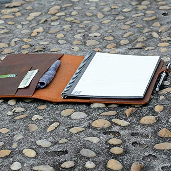 JJNUSA Compatible with Rocketbook Cover Smart Business Handmade Distressed Genuine Leather Notebook Cover for Everlast, Fusion, Wave Moleskin A4 with Pen Loop & Card Holder Letter 11" x 8.5" Brown