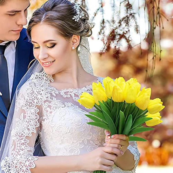 Siganorpy 10 Pcs Artificial Tulips Flowers Fake Flowers Latex Tulips Real Touch for Party Home Wedding Decoration Room Wedding Home Decor (Yellow)