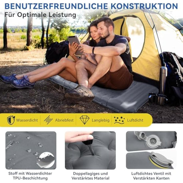 HIKENTURE Self-Inflating Sleeping Mat, 13 cm Ultra Thick Sleeping Mat Camping with Cushion, Inflatable Air Mattress, Small Pack Size, Ultralight Sleeping Mat with Foot Pump for Outdoor, Hiking, Tent -