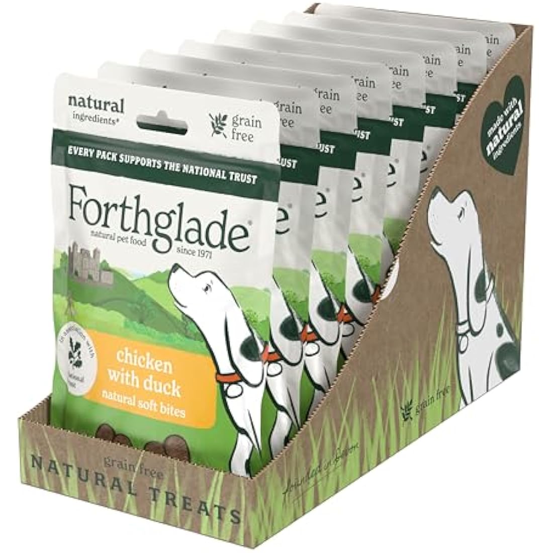 Forthglade National Trust Natural Dog Treats (8 x 90g Bags) - Hypoallergenic & Grain Free Dog Treats, Chicken with Duck, Gourmet Natural Soft Bites, Resealable Bags
