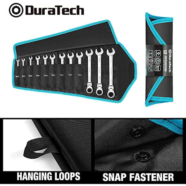 DURATECH Flex-Head Ratchet Spanner Set, 12-Piece Combination Wrench Set with 72 Tooth Ratchet Gear, Chrome Vanadium Steel, Metric, 8-19mm