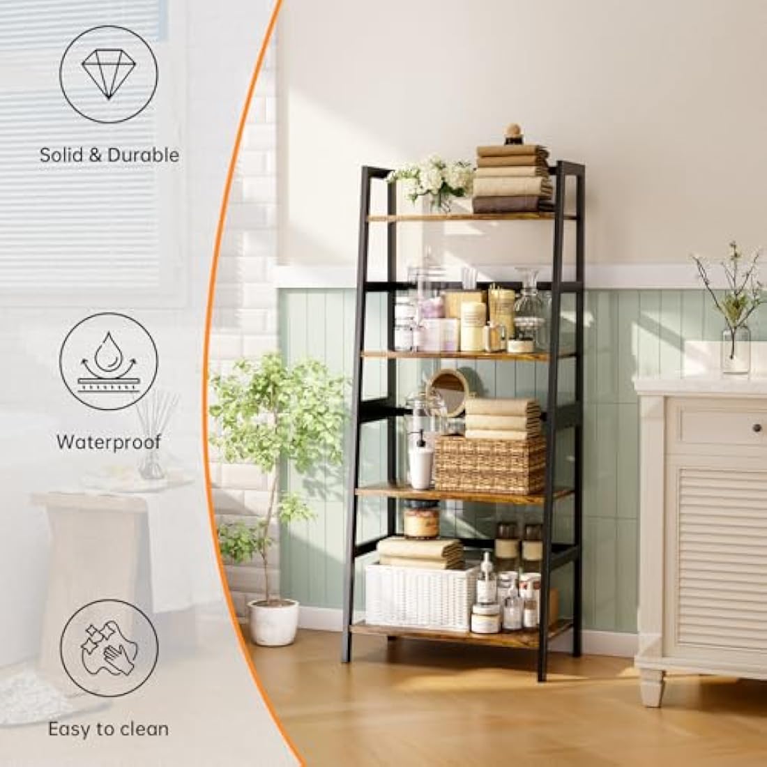 HITNET Ladder Shelf, 4 Tier Bookshelf, Freestanding Bathroom Storage Shelving Unit with Bamboo Frame for Living Room, Home Office, Bedroom, Rustic Brown and Black