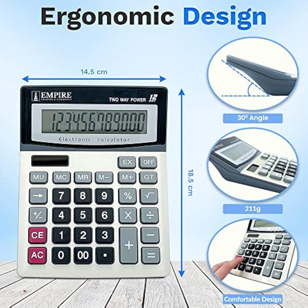 Empire Desk Calculator with Large Key Buttons, 12 Digits, Large Eye-Angled Display, Solar and Battery Powered for Home and Office (Included 2 Battery, 2 Pen and 1 Rubber)