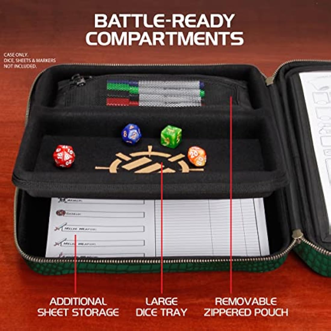 ENHANCE Collector's Edition RPG Organizer Case - DnD Binder with Built-in Character Sheet Holder and Erasable Scribe Panel, Dice Rolling Area, Removable Pen Pouch, Miniature Foam Tray (Dragon Green)