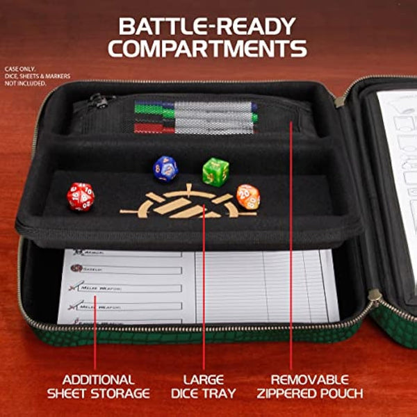 ENHANCE Collector's Edition RPG Organizer Case - DnD Binder with Built-in Character Sheet Holder and Erasable Scribe Panel, Dice Rolling Area, Removable Pen Pouch, Miniature Foam Tray (Dragon Green)
