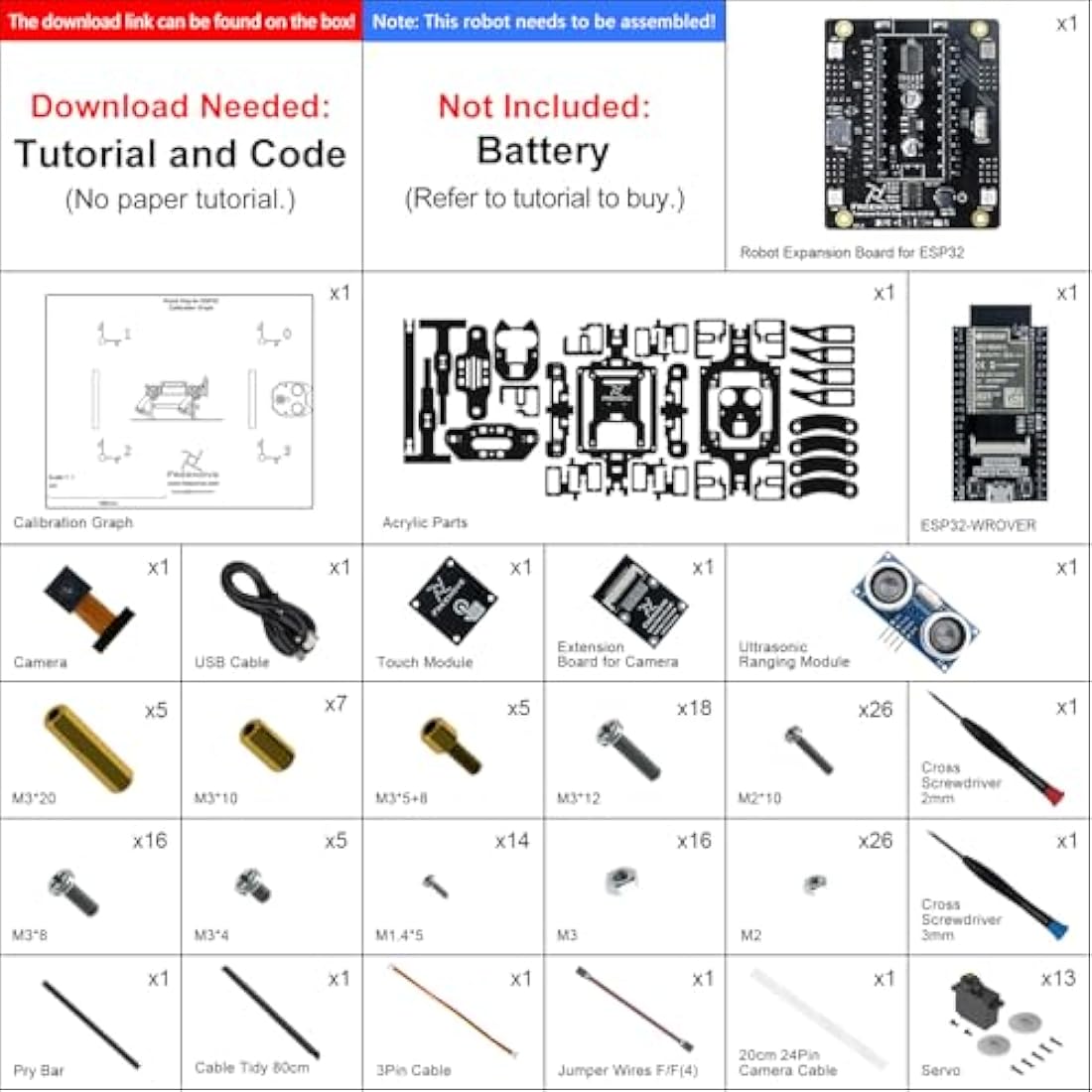 Freenove Robot Dog Kit for ESP32-WROVER CAM (Included), Dual-core 32-bit 240 MHz Microcontroller, Walking, Camera, Touch Sensor, Ultrasonic Ranging, Buzzer, RGB LED, Servo, App