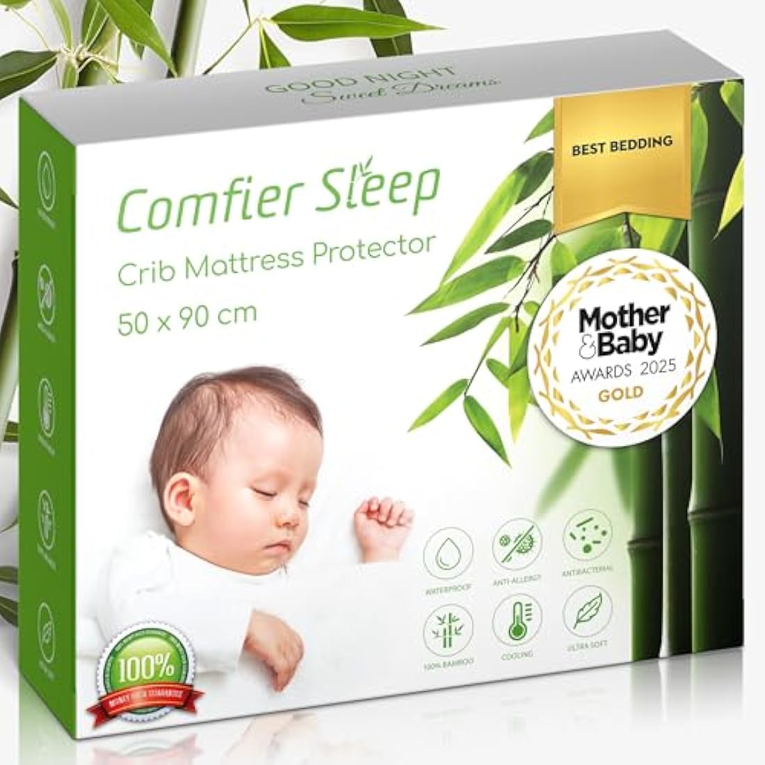Crib Mattress Protector 50x90cm – Waterproof 100% Bamboo Baby Mattress Protector – Soft Breathable Fitted Cot Cover for Crib – Hypoallergenic and Washable Sheet for Infant Bedding
