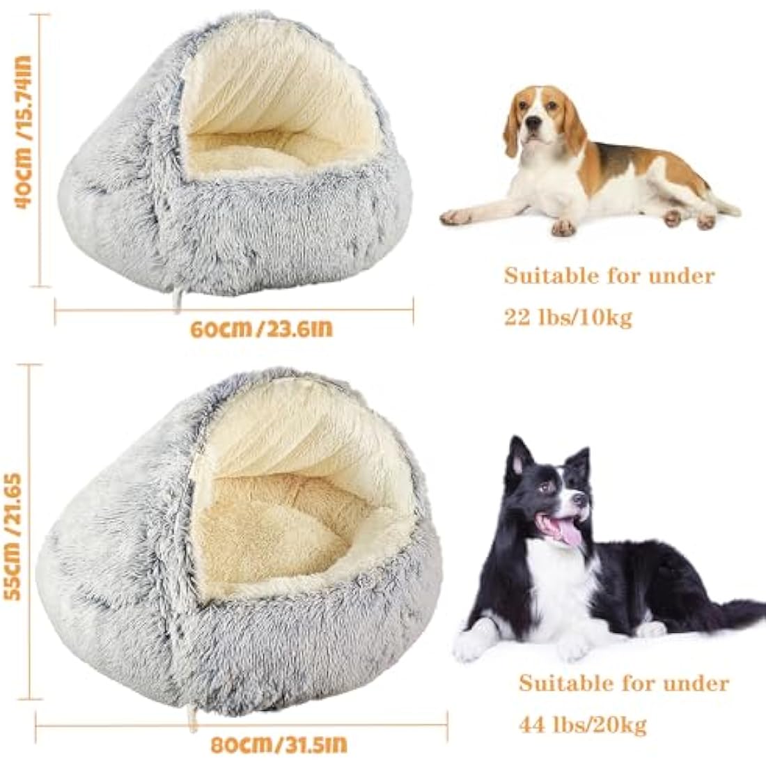 SUOXU Hooded with Supports Dog Bed,Deluxe Plush Dog Cave Bed for Medium Small Dogs, Warming Cozy Soft Faux Fur Donut Calming Anti-Anxiety Pet Bed,Removable Washable Cover and Anti Slip (Grey)