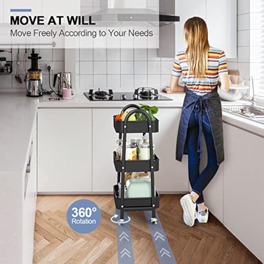 EAGMAK 3 Tier Metal Storage Trolley, Utility Rolling Cart with Handle and Lockable Wheels, Multifunctional Storage Organizer Trolley with Mesh Baskets for Kitchen, Living Room, Office, Garage (Black)