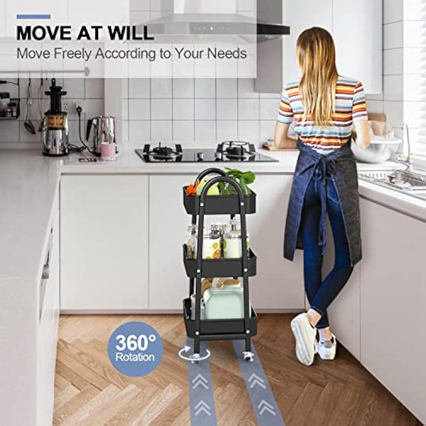 EAGMAK 3 Tier Metal Storage Trolley, Utility Rolling Cart with Handle and Lockable Wheels, Multifunctional Storage Organizer Trolley with Mesh Baskets for Kitchen, Living Room, Office, Garage (Black)