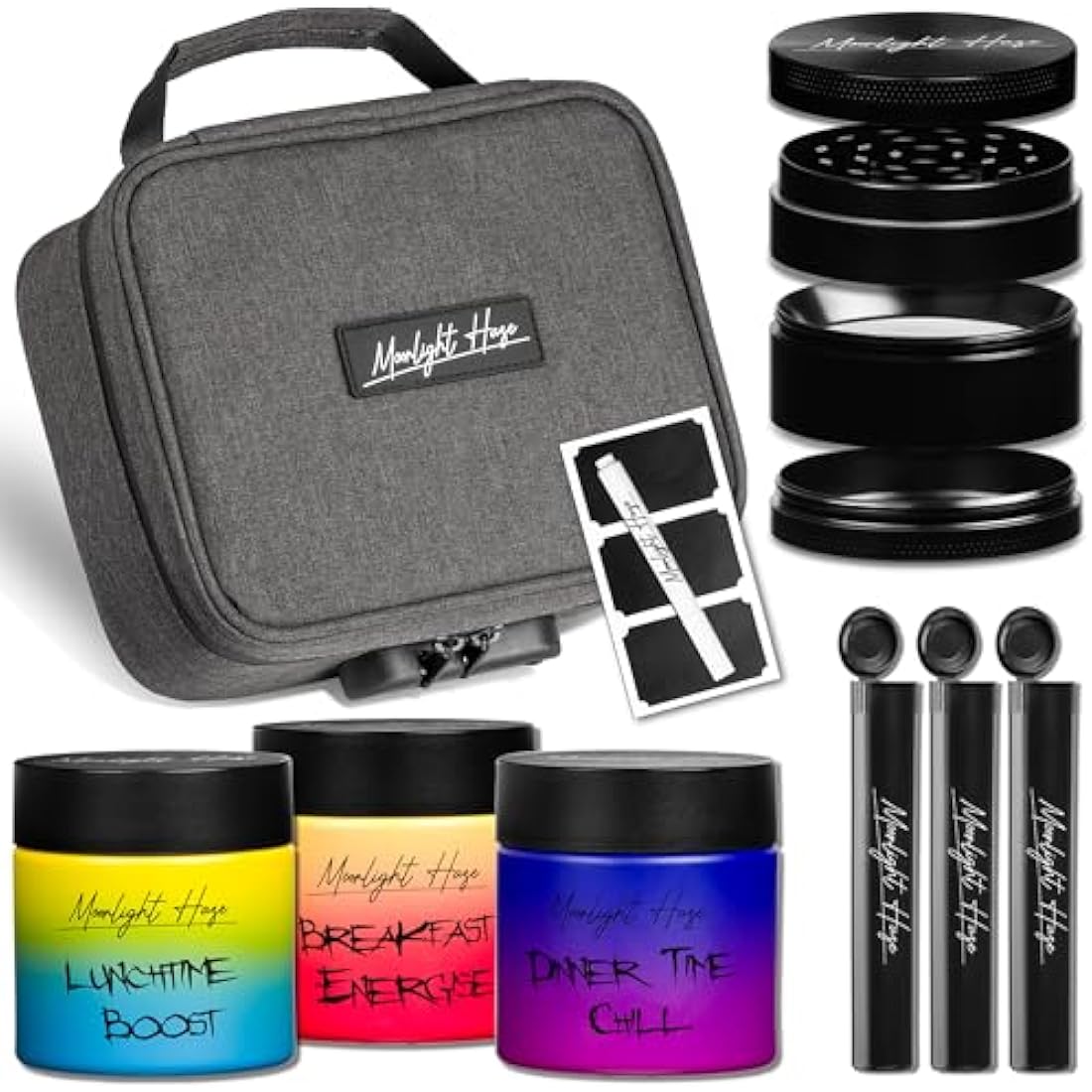 Moonlight Haze Smell Proof Bag – Smell Proof Box Stash Box Gift Set with 3 Smell Proof Containers, Metal Grinder, Integrated Rolling Tray, 3 Doob Tubes, and Stash Jars – Gifts for Men & Women