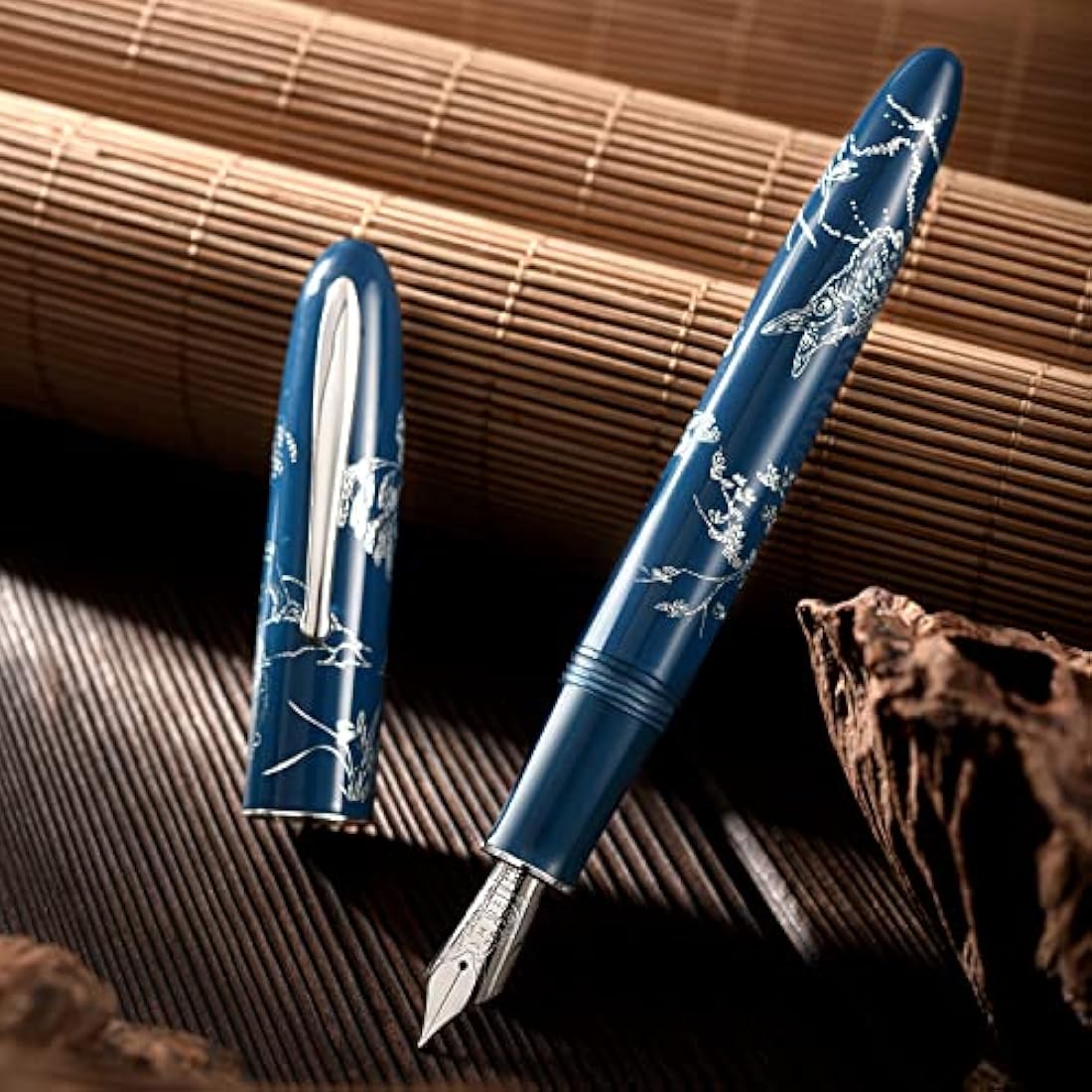 Hongdian N23 Blue Rabbit Fountain Pen, Iridium Extra Fine Nib Silver Trim, New Year Lucky Rabbit Carving Design, Smooth Writing Pen with Converter and Metal Pen Box Set