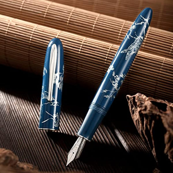 HONG DIAN Hongdian N23 Blue Rabbit Fountain Pen, Long Blade Medium Nib Silver Trim, New Year Lucky Rabbit Carving Design, Smooth Writing Pen with Converter and Metal Pen Box Set