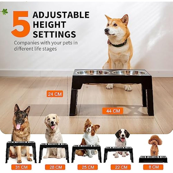 FOREYY Adjustable Elevated Dog Bowls with 2 Stainless Steel Bowls and 1 Slow Bowl, Raised Dog Bowl 5 Heights, Non-Slip Dog Food water Bowl Stand for Small Medium Large Dogs(Gary)