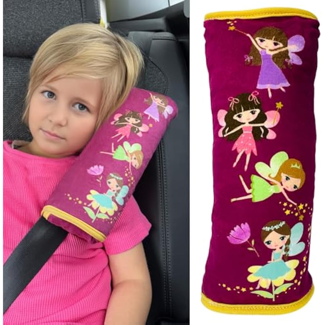 HECKBO fairy faires car seatbelt pillow for children - machine washable - girl boy kids children soft car seat belt cover sleeping pillows protection car travel pillow cushion vacation