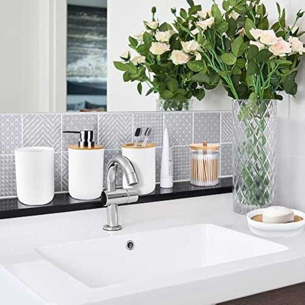 JOTOM 7 Pieces Bamboo Bathroom Accessory Set Luxury Plastic Accessories Qtip Holder Toothbrush Tumbler Toilet Brush Soap Dish Trash Can Dispenser Bath Gift (White) (JQJT1009)