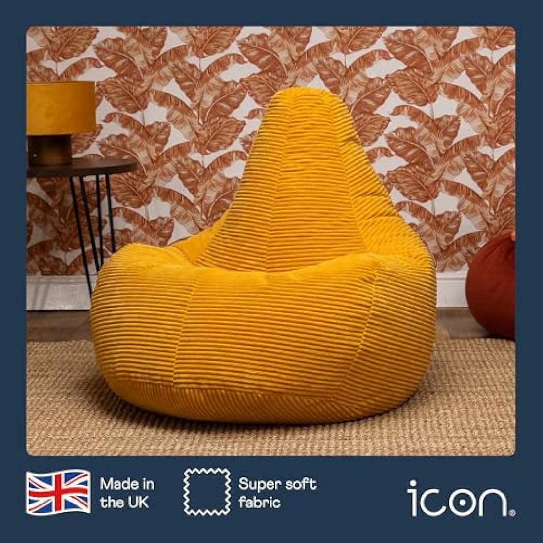 icon Dalton Cord Recliner Bean Bag, Ochre Yellow, Large Adult Bean Bag Chair with Filling Included, Comfy Chair, Living Room Furniture, Bedroom Furniture