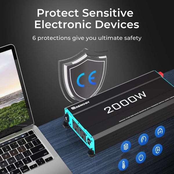 Renogy 2000W Pure Sine Wave Inverter, 4000W Peak 12V DC to 240V AC Power Converter with UK Sockets, UPS Function and Remote Controller for Off-grid, RV, Truck, Boat, Camping, and Home