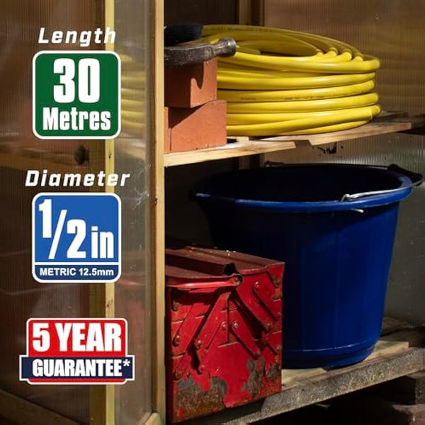 Faithfull Heavy-Duty Reinforced PVC Builders Hose 30M (98ft) 12.5mm (1/2in) Diameter – 24 Braid Fibre Mesh, Kink & Twist Resistant Hose Pipe