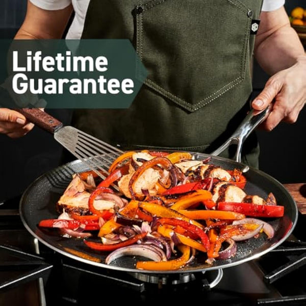 HexClad 30 cm Griddle Fry Pan with Stay-Cool Handle, Hybrid Stainless Steel, Non-Stick Surface, Works with Induction, Ceramic, Non-Stick, Electric, and Gas Cooktops