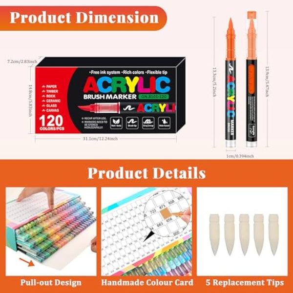 Funnasting 120 Colours Acrylic Paint Pens, Soft Brush Tip Acrylic Marker Pens, Paint Markers for Colouring, Glass, Fabric, Egg, Rock Painting and DIY Crafts Art Supplies