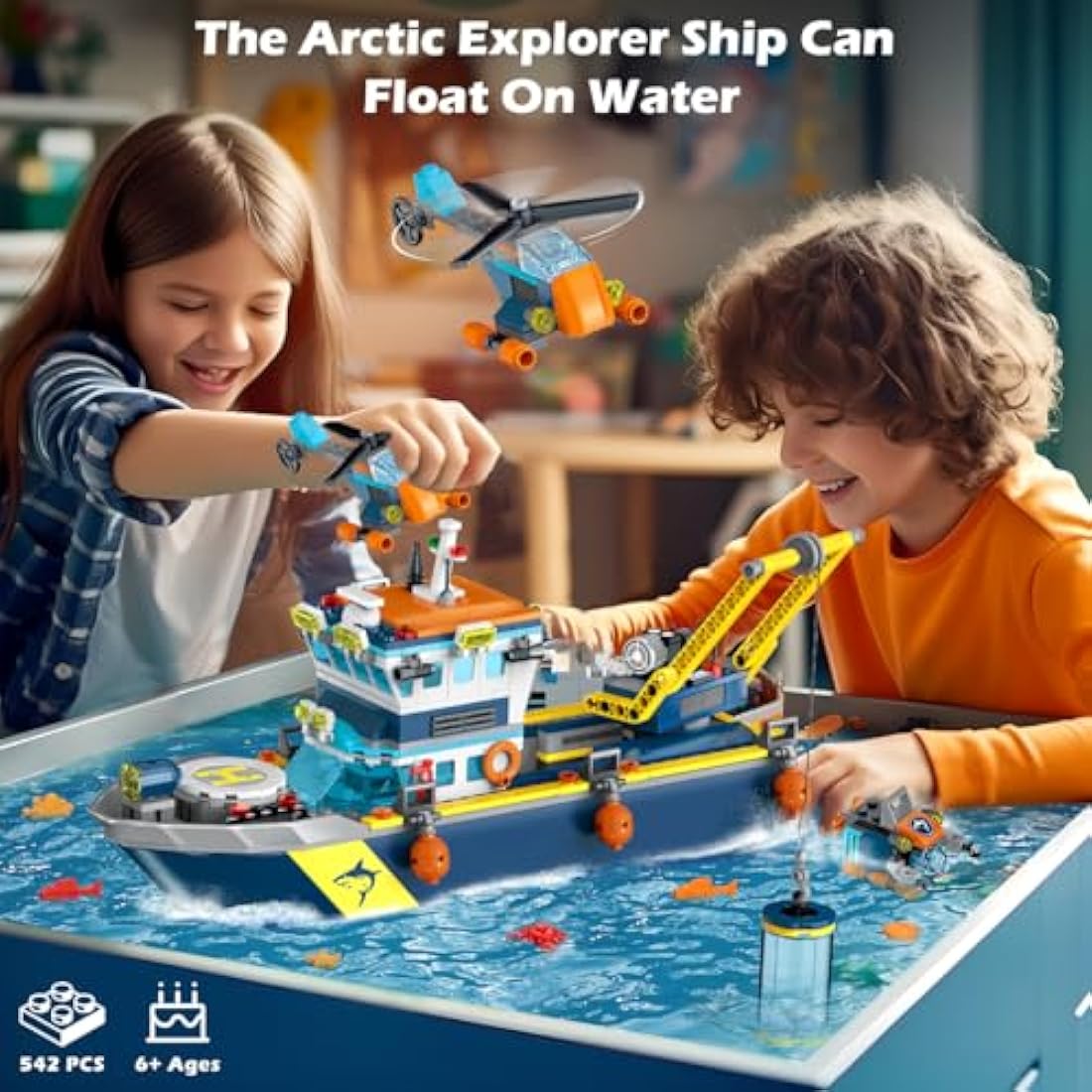 HOGOKIDS City Floatable Boat Building Set with LED Light - Fun Arctic Explorer Ship Building Block Set Ocean Exploration with Helicopter, Sub, Shark Cage Birthday Gift for 6+ Years Old Boys Girls Kids