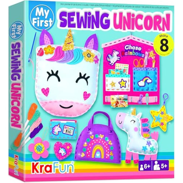 KRAFUN My First Unicorn Sewing Kit for Kids, Beginner Crafts with 5 DIY Projects (Stuffed Animal, Pillow, Mobile, Keyring, Bag), Plush Felt, Instructions, Embroidery Supplies, Pre-Punched Fabric