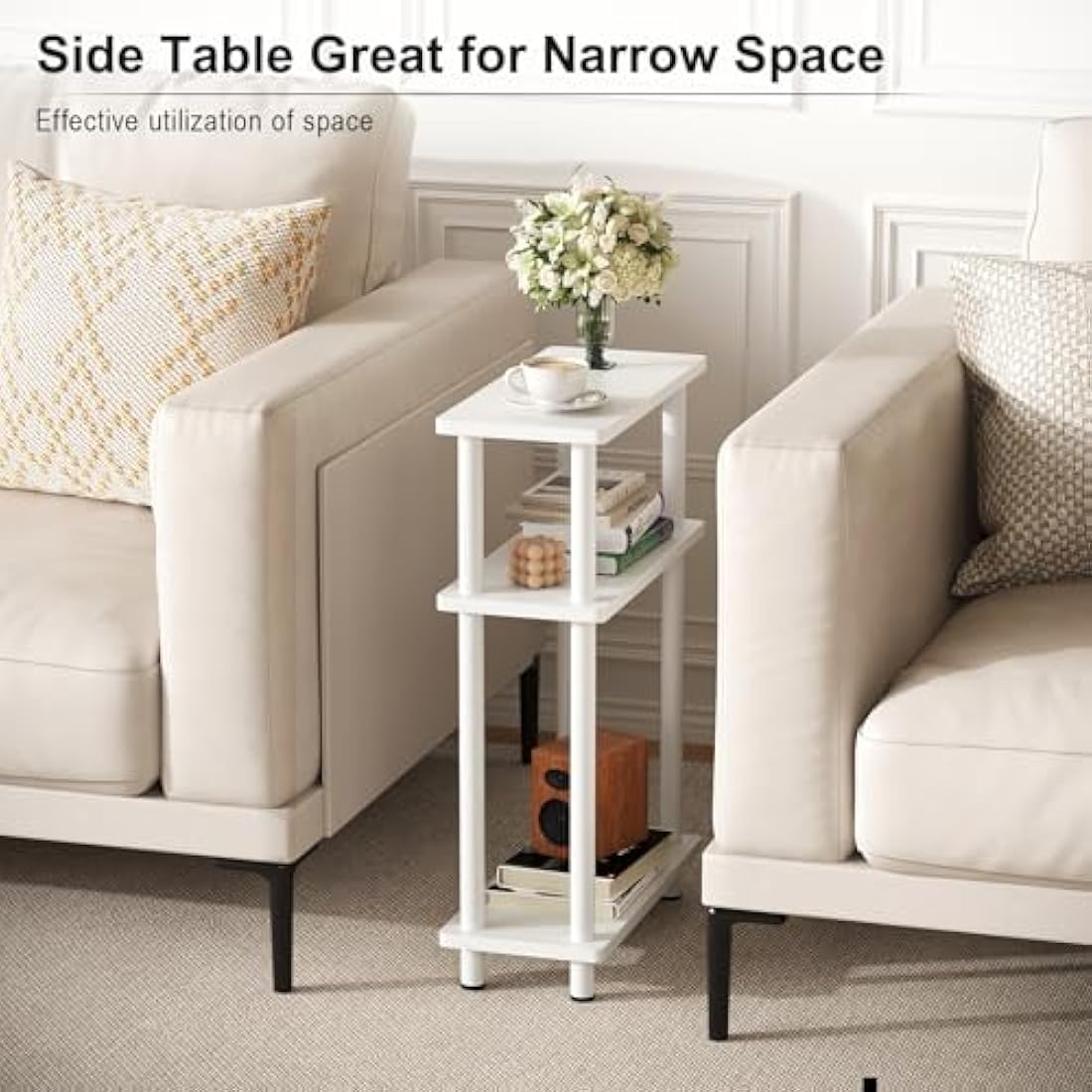 APICIZON Narrow Side Table, Slim Small Table, 3 Tier End Table Living Room, 40x18x61.5cm, Modern Thin Side Table for Living Room, Bedroom, Sofa, Small Nightstand with Magazine Rack, Save Space, White