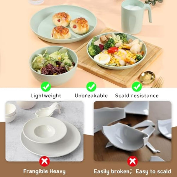 Greentainer Unbreakable Plastic Dinnerware Set, Lightweight Tableware with 4 Dinning Plates, 4 Dessert Plates, 4 Bowls, 4 Cups Kids & Adults, Service for 4, Dishwasher&Microwave Safe,16 Pcs