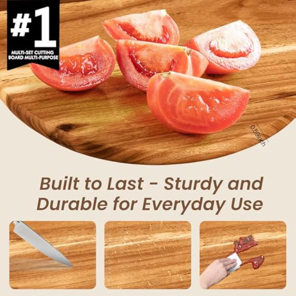 Acacia Round Cheese Board Set 3 Pack with Handles, Wooden Serving Board for Kitchen - Round, Rectangular, and Small Paddle Serving Trays for Cheese, Meat, Pizza, Bread, and Fruits