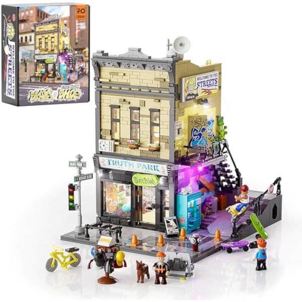 FUNWHOLE Skate-Shop Lighting Building-Bricks Set - Street Fusion City Skate Store Collection LED Light Modular Building Kit 1573 Pcs for Adults and Teen