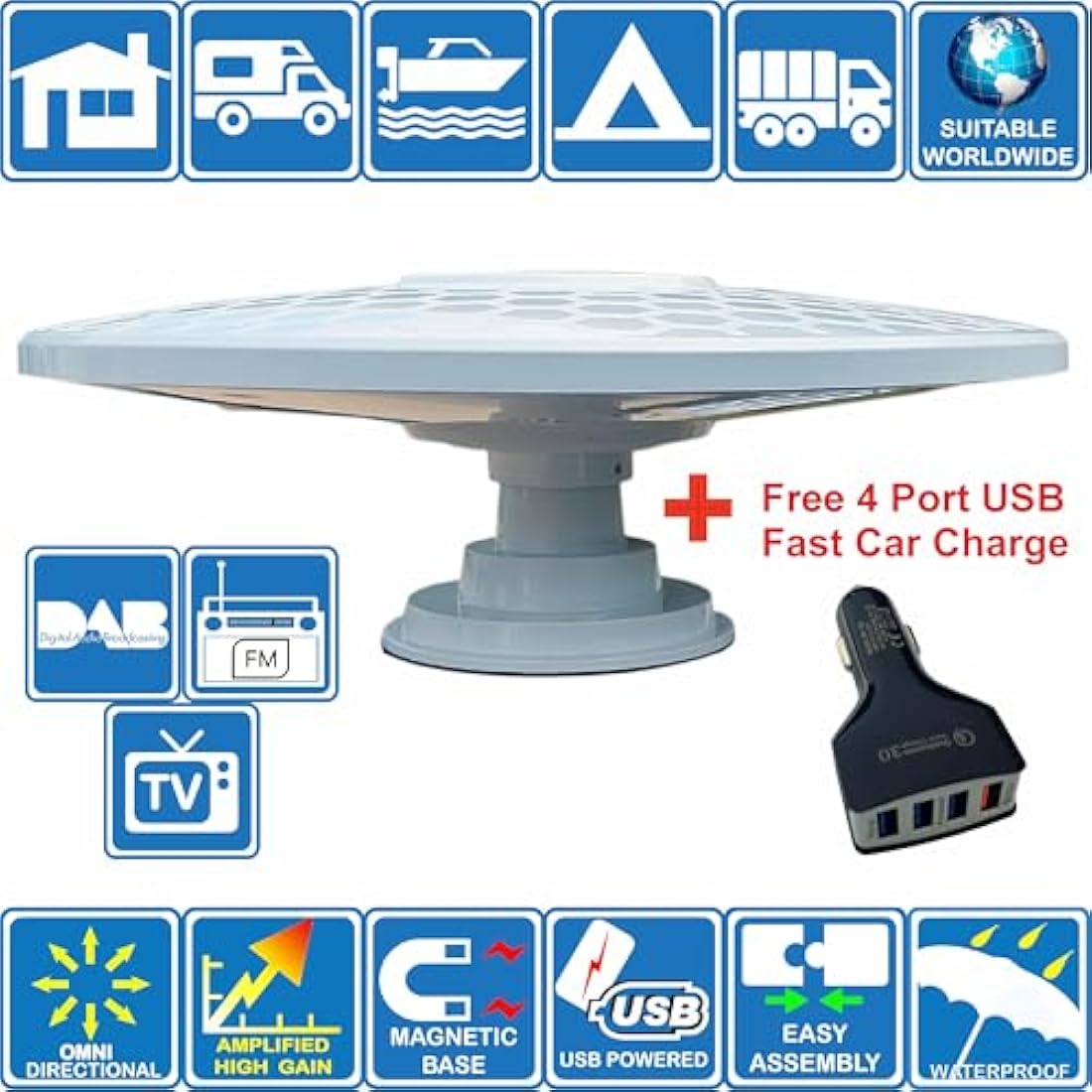 HELIO - Omnidirectional Amplified Digital HD TV Aerial Antenna 33dB High Gain Booster. Freeview UHF FM DAB. 12V / 24V ideal for Motorhome HGV Truck Caravan Boat Camping by Unispectra® (Magnet)
