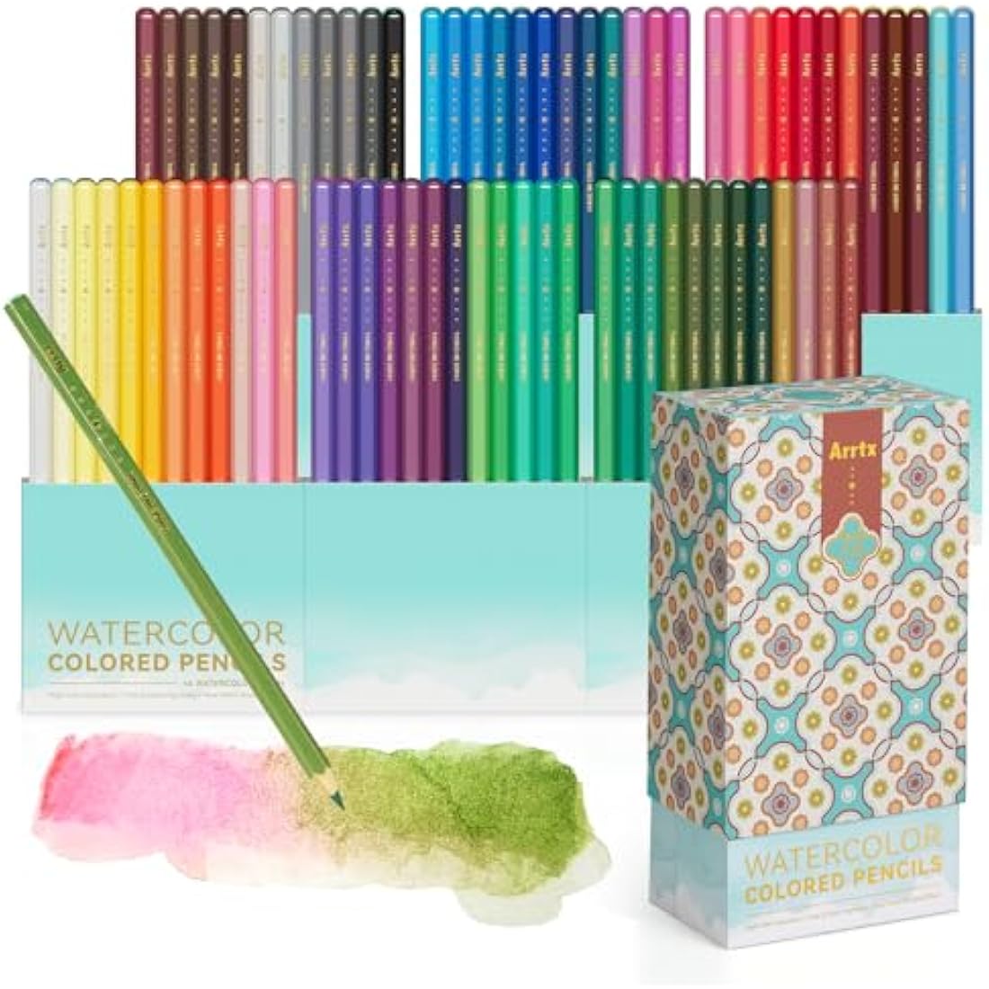 Arrtx 72 Watercolour Pencils Set with Nylon Brush, Water-Soluble Pencils for Adults Artists & Beginner, Quality Cores, Vivid Colours, For Mixing, Drawing and Sketching, Art Folding Travel Case