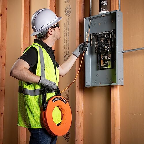 KLEIN TOOLS 56382 Fish Tape, Multi-Groove Fiberglass Wire Puller with Nylon Tip, Optimized Housing and Handle,Orange/Black, 15 m