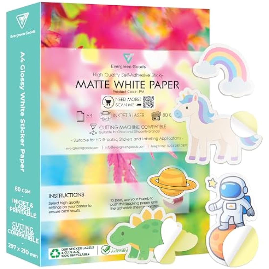 Evergreen Goods 100 Sheets A4 White Matte Sticker Paper | Inkjet & Laser Printable Self Adhesive Sticky Back Label | Create Product Labels | for Arts & Crafts